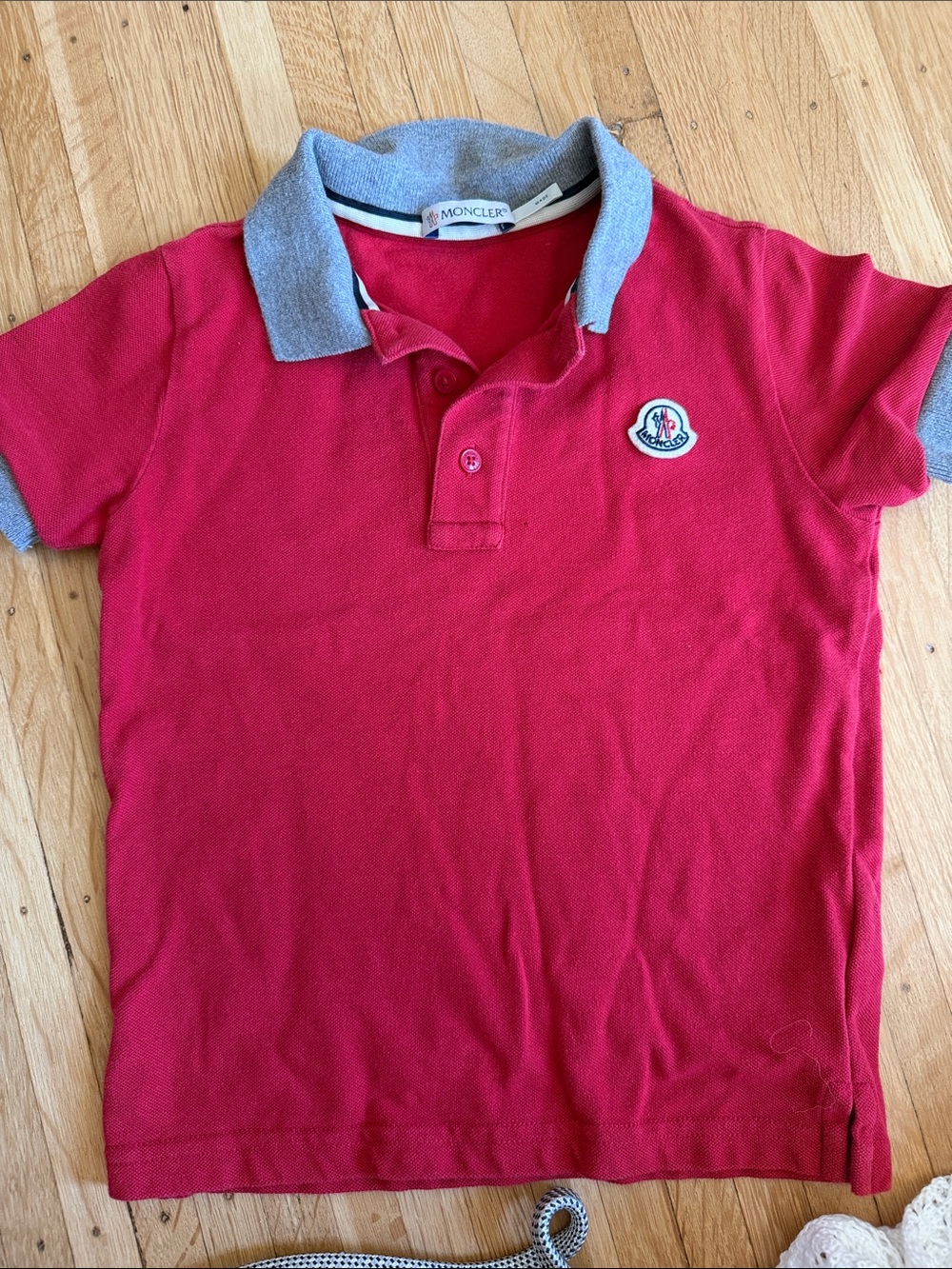 Moncler Kids Red Polo with Gray Collar and Sleeve Trim